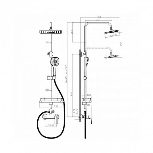 Душевой комплект Rossinka RS27-45 (стойка, тропический дождь, лейка, шланг, мыльница), хром фото