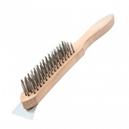 Щетка по металлу Beorol, 4-рядная, деревянная ручка, со скребком фото
