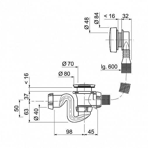 Сифон для ванн Wirquin SB600, полуавтомат, с переливом, латунный, 600 мм фото