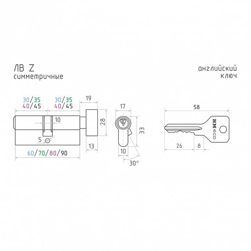 Цилиндровый механизм Нора-М STD Z ЛВ-90 (45-45), ключ/вертушка, черный фото