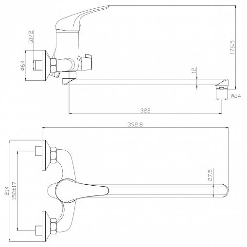Смеситель для ванны с душем Rossinka Y40-32, с длинным изливом, однорычажный, хром фото