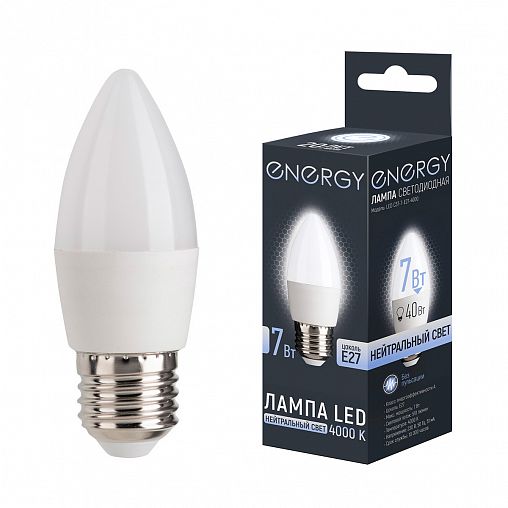 Лампа светодиодная матовая Energy, E27, свеча, 7 Вт, 4000 K, нейтральный свет фото