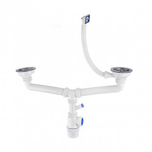 Сифон двойной VIRPlast Элит, 3 1/2" x 40, с отводом, с нержавеющими чашками, с переливом, 300 мм фото