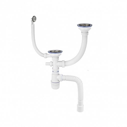 Сифон двойной VIRPlast Элит, 3 1/2" x 40, с отводом, с нержавеющими чашками, с переливом, 800 мм фото