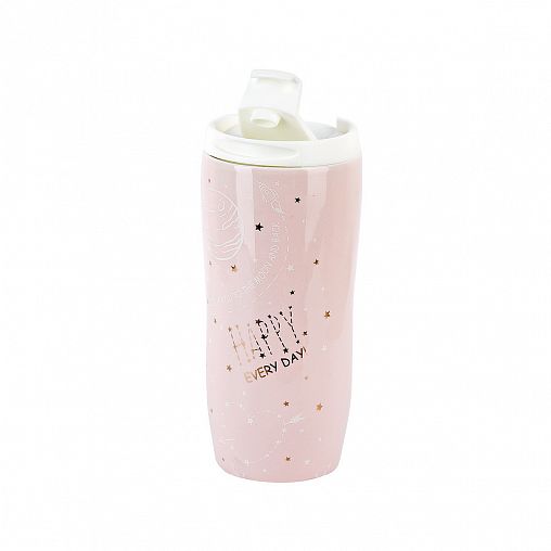 Кружка Nouvelle Home Spase, с крышкой, фарфоровая, 450 мл, розовая фото