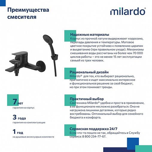 Смеситель для ванны с душем Milardo Azure, черный матовый фото