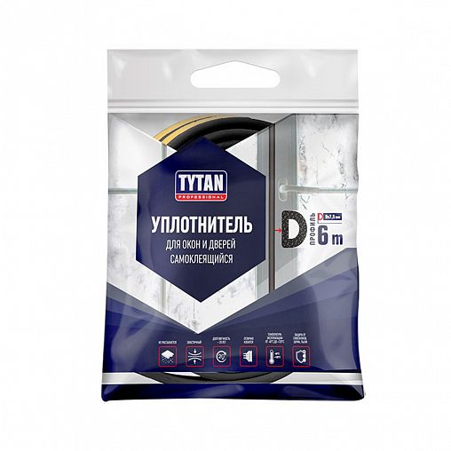 Уплотнитель для окон D-профиль Tytan Professional, 9 x 7,5 мм, 6 м, черный фото