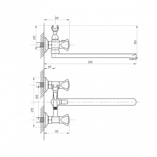 Смеситель для ванны с душем Профсан ПСМ-184-38, с длинным изливом, двухвентильный, хром фото