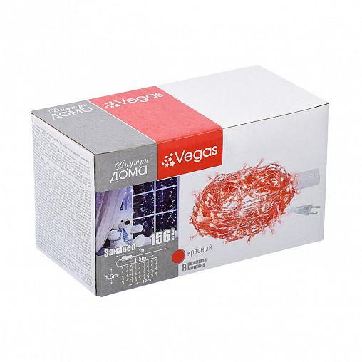 Электрогирлянда Vegas Занавес, 156 LED ламп, 12 нитей, 8 режимов, 1,5 x 1,5 м, красная фото