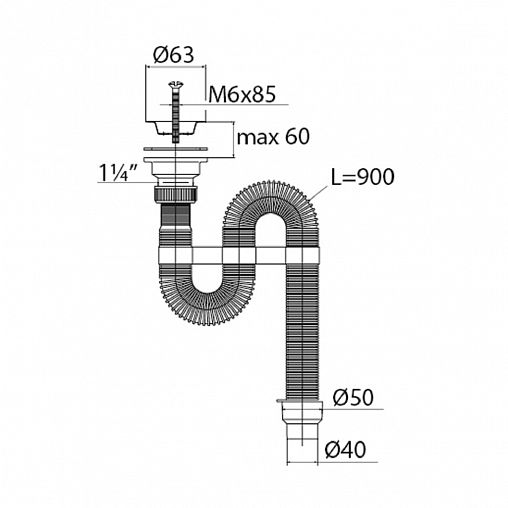 Сифон гофрированный VIRPlast Vir, с хомутом, с нержавеющей чашкой, 1 1/4" x 50/40 мм, 900 мм фото