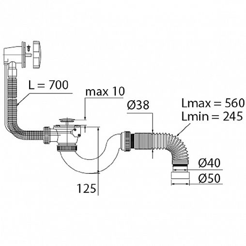 Сифон для ванн VIRPlast Элит Мини, полуавтомат, с переливом, латунный, 700 мм, гофротруба 800 мм фото