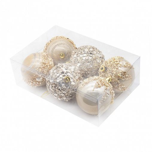 Набор елочных шаров, с блестками, d 8 см, 6 шт, бежевый фото