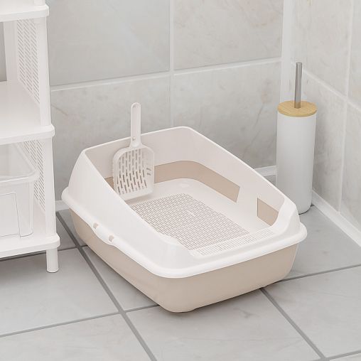 Набор для кошек Альтернатива, лоток с высоким бортом, сеткой и совком, бежевый фото