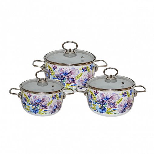 Набор эмалированных кастрюль Vitross Iris, 6 предметов (2, 3, 4 л, крышки) фото