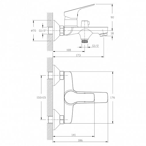Смеситель для ванны с душем Rossinka RS29-31, однорычажный, хром фото