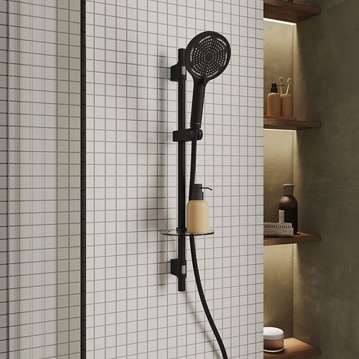 Душевой комплект Milardo Ideal Spa (стойка, лейка, шланг, держатель, мыльница), черный матовый фото