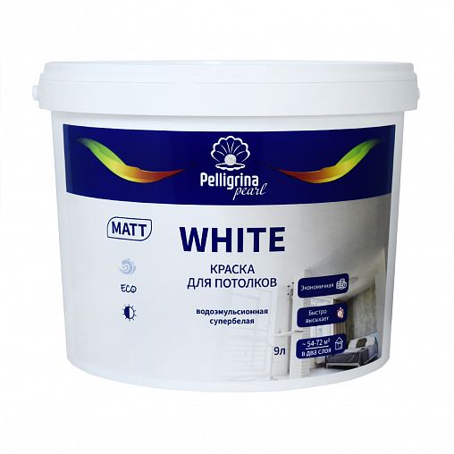 Краска для потолков Pelligrina Pearl White, водно-дисперсионная, матовая, база A, супербелая, 9 л фото
