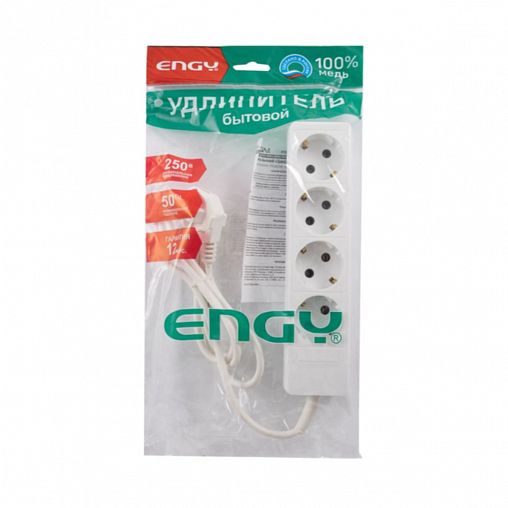 Удлинитель Engy Гранд, ПВС 3 x 0,75 мм, с заземлением, 4 розетки, 1,7 м, белый фото