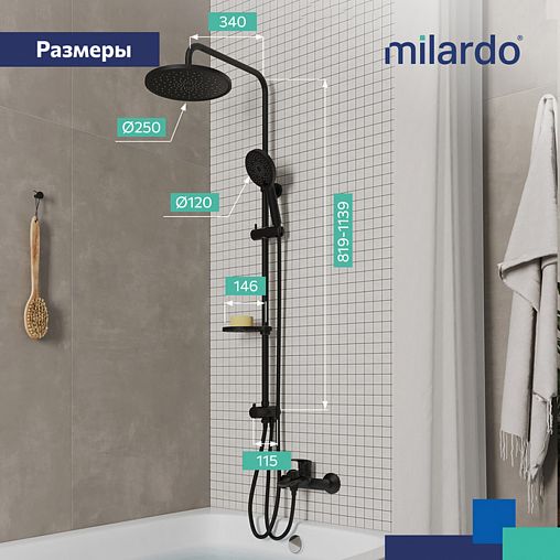 Душевой комплект с тропическим душем Milardo Ideal Spa ILSBL3FM76, черный матовый фото
