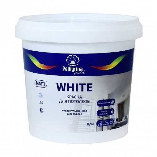 Краска для потолков Pelligrina Pearl White, водно-дисперсионная, матовая, база A, супербелая, 0,9 л фото