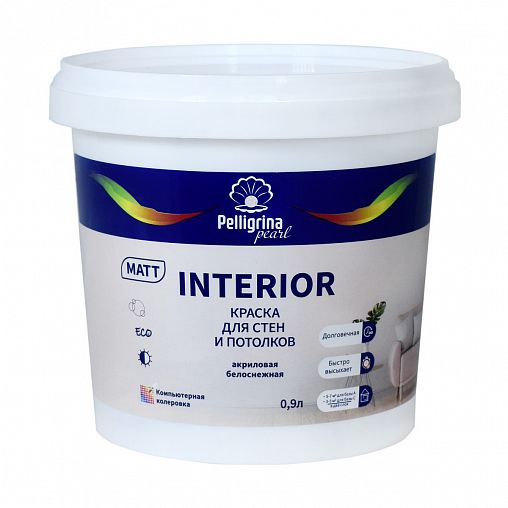Краска для стен и потолков, Pelligrina Pearl Interior, акриловая, база С, бесцветная, 0,9 л фото