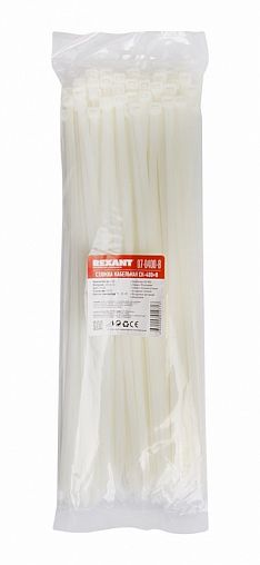 Хомут-стяжка Rexant, нейлон, 7,6 x 400 мм, 100 шт, белый фото