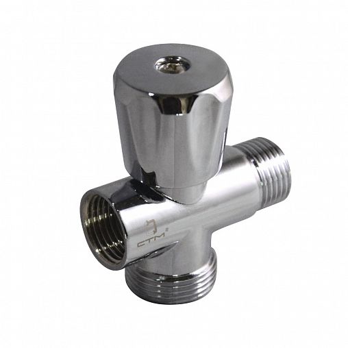 Вентиль трехпроходной СТМ 1/2" x 1/2" x 3/4", наружная-наружная-внутренняя резьба, маховик фото