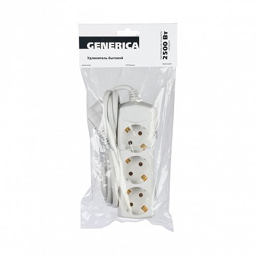 Удлинитель Generica У03, ПВС 3 x 1 мм², с заземлением, 3 розетки, 1,5 м, белый фото