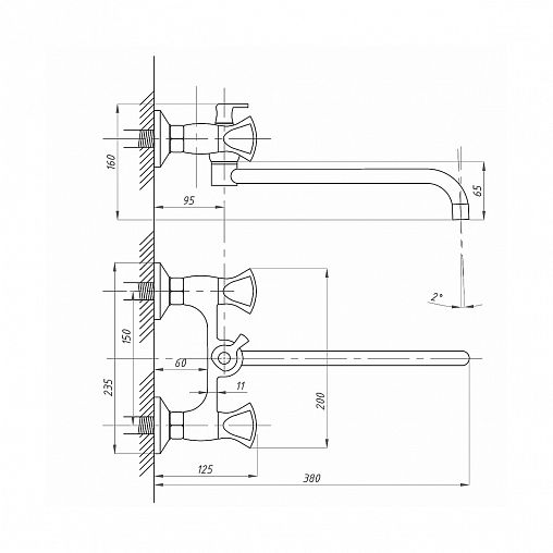 Смеситель для ванны с душем Профсан ПСМ-192-38, с длинным изливом, двухвентильный, хром фото