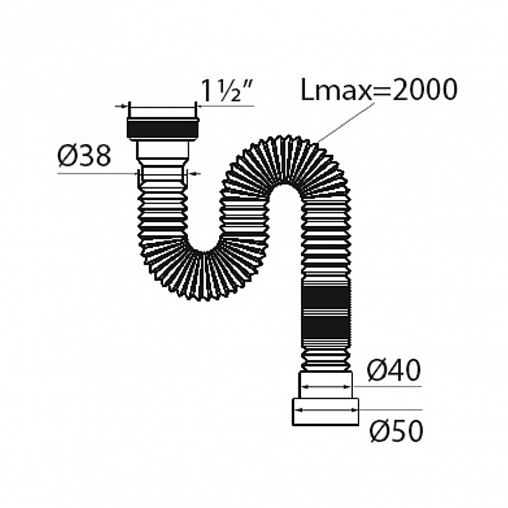 Сифон гофрированный VIRPlast Элит Мини, без выпуска, с хомутом, 1 1/2" x 40/50 мм, 2000 мм фото
