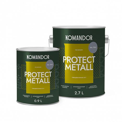 Грунт-эмаль по ржавчине 3 в 1 Komandor Protect Metall, глянцевая, 0,9 л, RAL 7004, серый фото