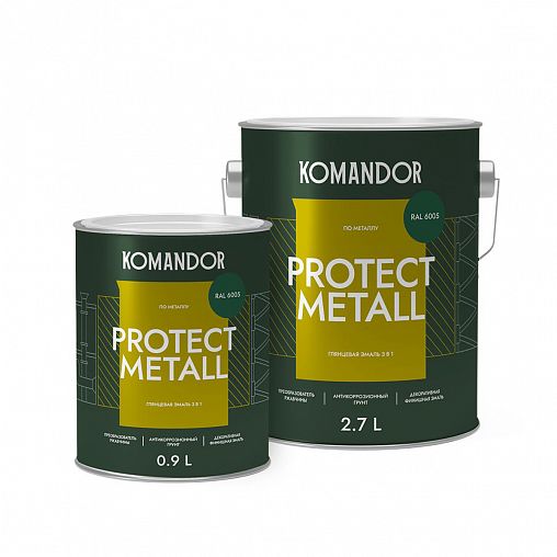 Грунт-эмаль по ржавчине 3 в 1 Komandor Protect Metall, глянцевая, 0,9 л, RAL 6005, зеленый фото