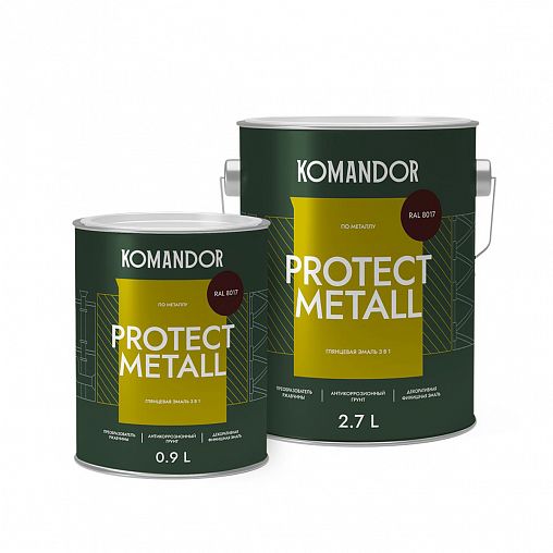 Грунт-эмаль по ржавчине 3 в 1 Komandor Protect Metall, глянцевая, 0,9 л, RAL 8017, коричневый фото
