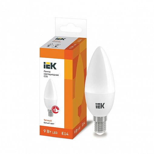 Лампа светодиодная LED IEK Свеча, E14, C35, 9 Вт, 3000 K, теплый свет фото