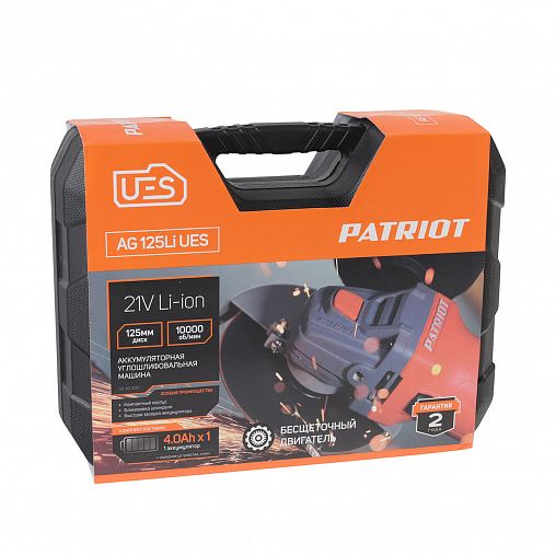 Угловая шлифмашина аккумуляторная Patriot AG 125LI UES, D 125 мм, 21 В, 1 x 4 Ач Li-ion, ЗУ фото