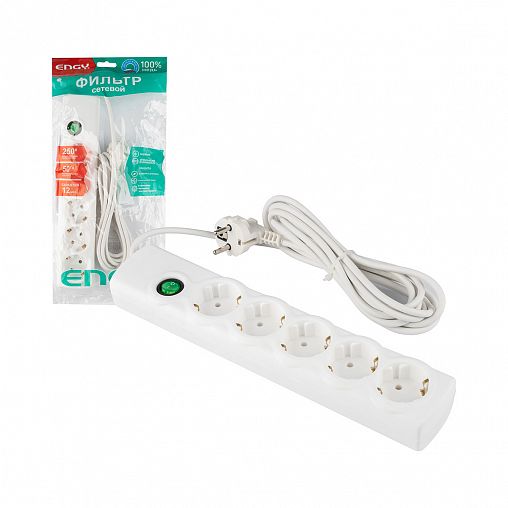 Сетевой фильтр Engy Сеть-2, 2,2 кВт, 6 А, с заземлением, 5 розеток, 3 м, белый фото