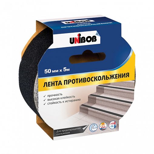 Лента клейкая Unibob противоскользящая, 50 мм x 5 м, черная фото Лента клейкая Unibob противоскользящая, 50 мм x 5 м, черная фото