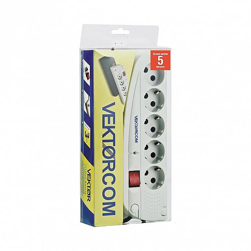 Сетевой фильтр Vektor Com, 2,2 кВт, 10А, 5 розеток (4 с заземлением), 5 м, светло-серый фото