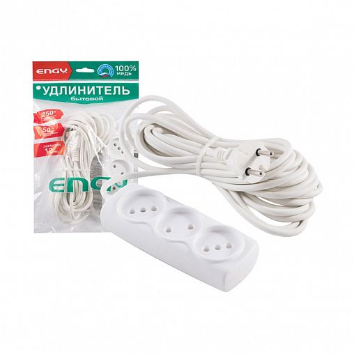 Удлинитель Engy Премиум, ПВС 2 x 0,75 мм, 3 розетки, 7 м, белый фото