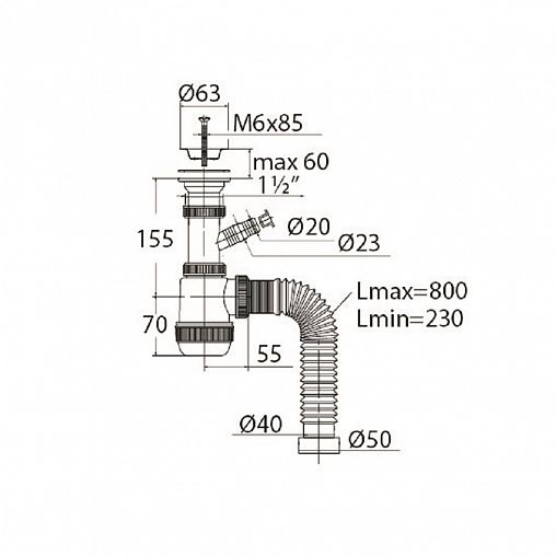 Сифон VIRPlast Элит Мини, 1 1/2" x 40 мм, с отводом, с нержавеющей чашкой, гофротруба 800 мм фото