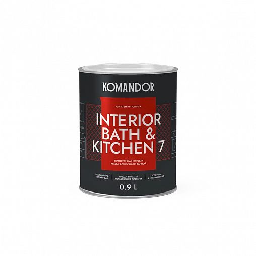 Краска интерьерная влагостойкая Komandor Interior Bath&Kitchen 7, матовая, база С, бесцветная, 0,9 л фото