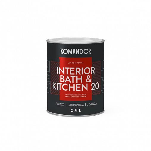Краска интерьерная влагостойкая Komandor Interior Bath&Kitchen 20, база С, бесцветная, 0,9 л фото