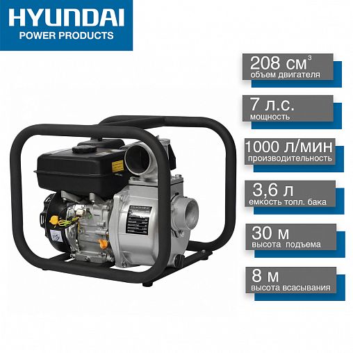 Мотопомпа бензиновая Hyundai HY 80, 7 л.с, 1000 л/мин фото