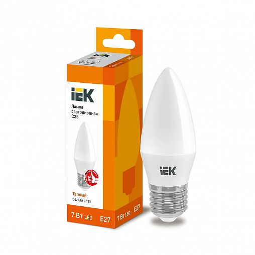 Лампа светодиодная LED IEK Свеча, E27, C35, 7 Вт, 3000 K, теплый свет фото