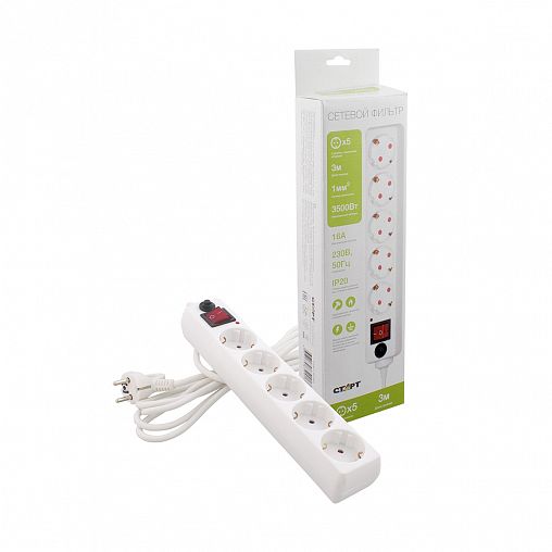 Сетевой фильтр Старт С/УД-Ф SP 5x3, 3,5 кВт, 16 А, с заземлением, с кнопкой, 5 розеток, 3 м, белый фото