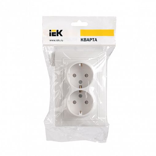 Розетка двойная встраиваемая IEK Кварта, с з/ш, с заземлением, 16 А, 250 В, IP20, белая фото
