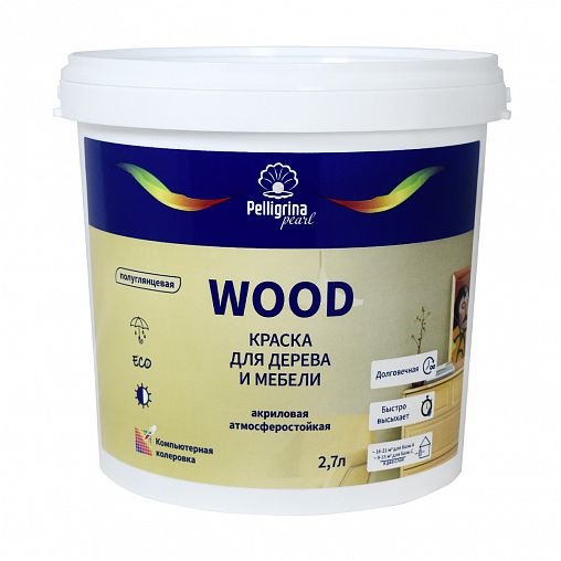 Краска для дерева и мебели Pelligrina Pearl Wood, акриловая, база С, бесцветная, 2,7 л фото