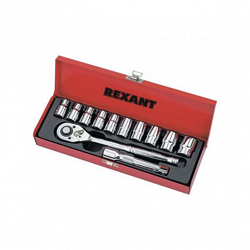 Головки торцевые 1/2" Rexant, трещотка, 10 - 24 мм, набор 12 предметов фото