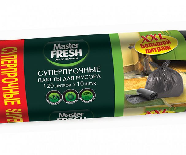 Мешки для мусора Master Fresh XXL, суперпрочные, 22 мкм, 120 л, 10 шт, черные фото