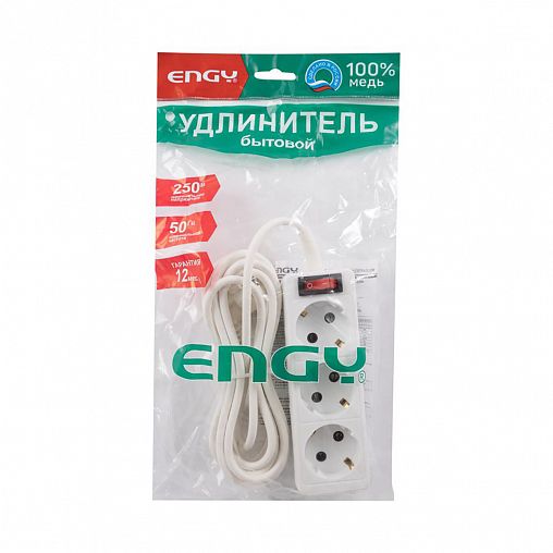 Удлинитель с выключателем Engy Гранд, ПВС 3 x 0,75 мм, с заземлением, 3 розетки, 3 м, белый фото
